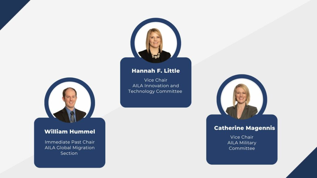 Graphic highlighting Garfinkel attorneys William Hummel, Hannah F. Little and Catherine Magennis, who are on AILA committees.